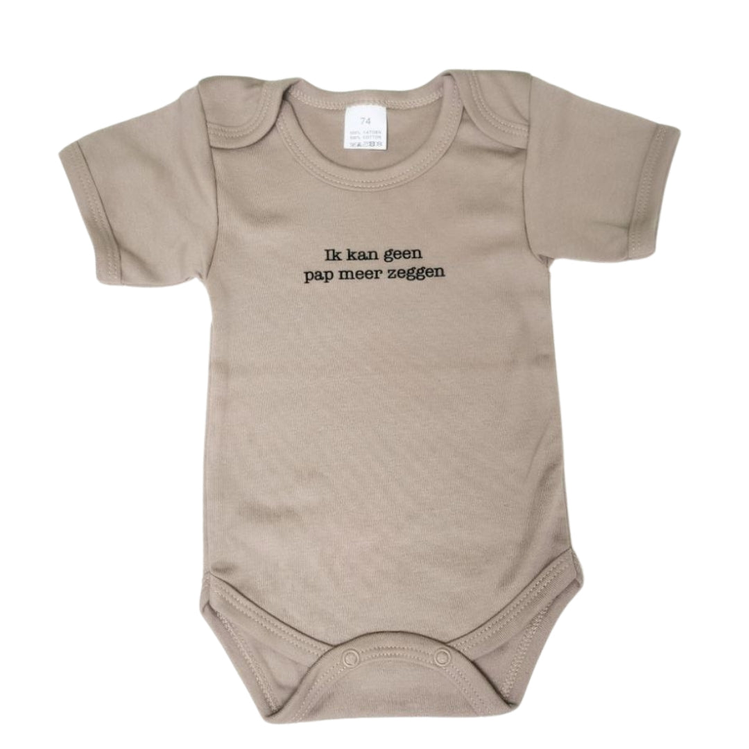 Beige body waar 'Ik kan geen pap meer zeggen' op staat. Een grappig en origineel cadeau voor baby's