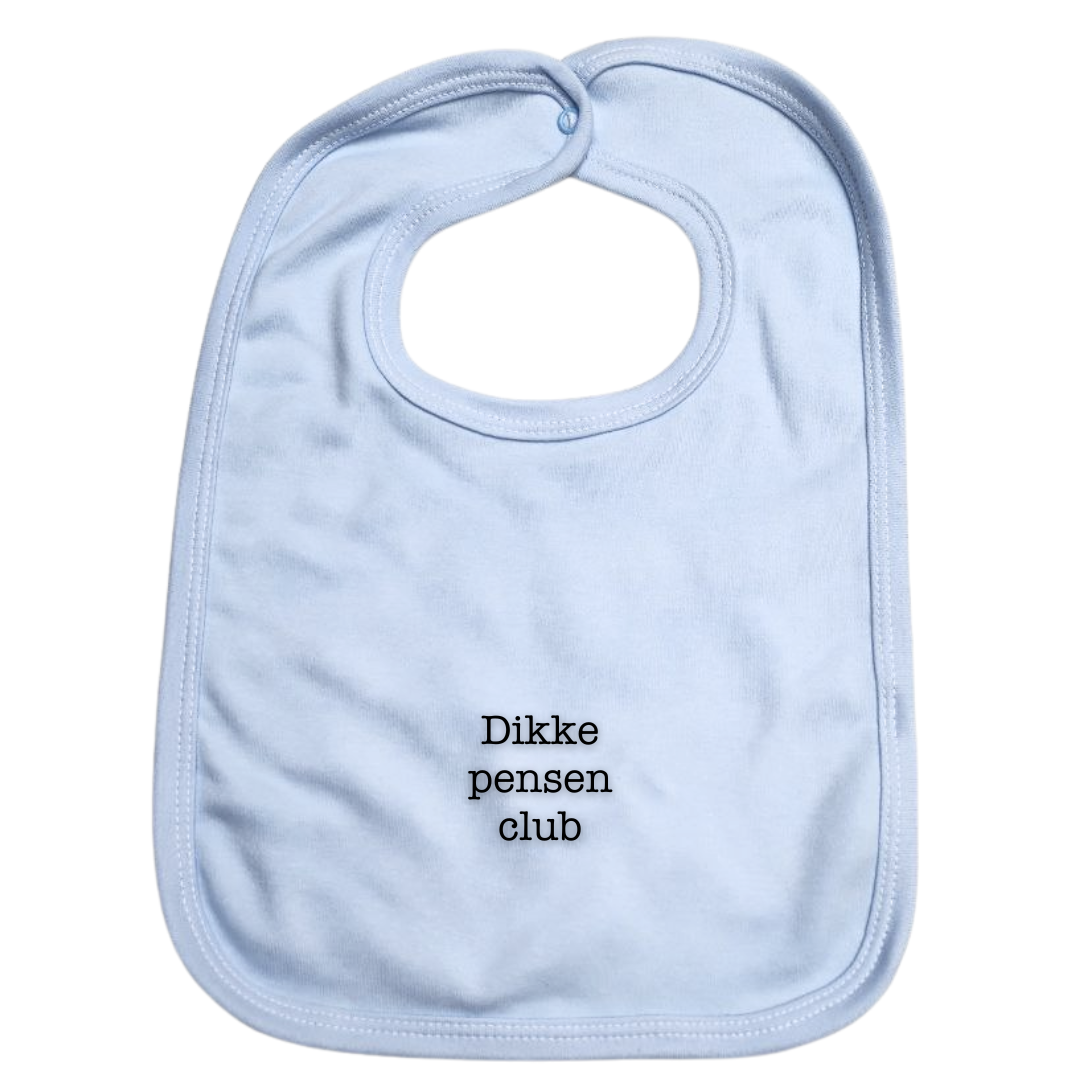 Blauw slabbetje voor baby's en peuters met de grappige tekst 'dikke pensen club'. Leuk als cadeau!
