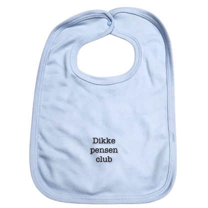 Blauw slabbetje voor baby's en peuters met de grappige tekst 'dikke pensen club'. Leuk als cadeau!